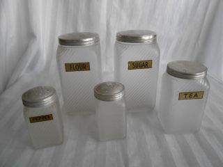 Antique Canister Set Cabinet Frosted Glass Jar Storage Flour,  Sugar,  Tea,  S&p photo
