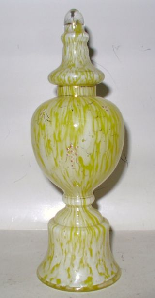 Antique Yellow & White Lidded Spangle Glass Urn Atop A Pedestal Base photo
