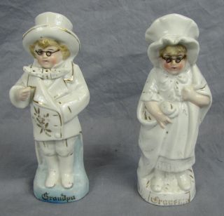 Antique German Porcelain Figurines Grandma & Grandpa With Wire Glasses photo