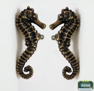 Set Of Pair Left Right Side Solid Brass Sea Horse Cabinet Brass Knob Drawer Pull photo