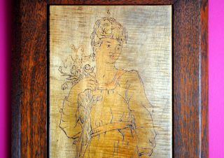 Large,  Decorative Pyrograph Of Classical Girl.  Signed.  Dated 1910.  Art Nouveau. photo