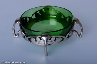 Liberty & Co Tudric Pewter Footed Dish With Green Glass Liner By Archibald Knox photo