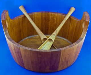 Richard Nissen Denmark Designed Vintage C.  1960 Large Teak Salad Bowl W/ Spoons photo