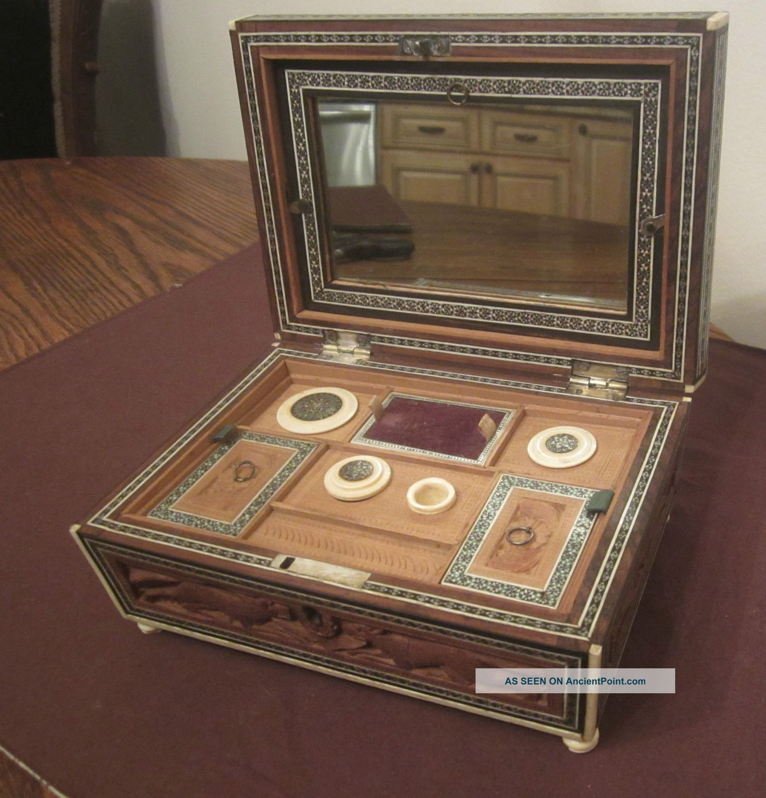 Antique Rare Sadeli Inlaid Ox Bone Jade Silver Sewing Kit Wood Handmade Box 1800 Boxes photo