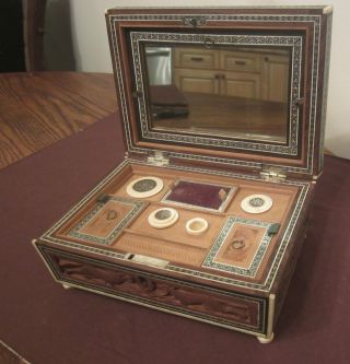 Antique Rare Sadeli Inlaid Ox Bone Jade Silver Sewing Kit Wood Handmade Box 1800 photo