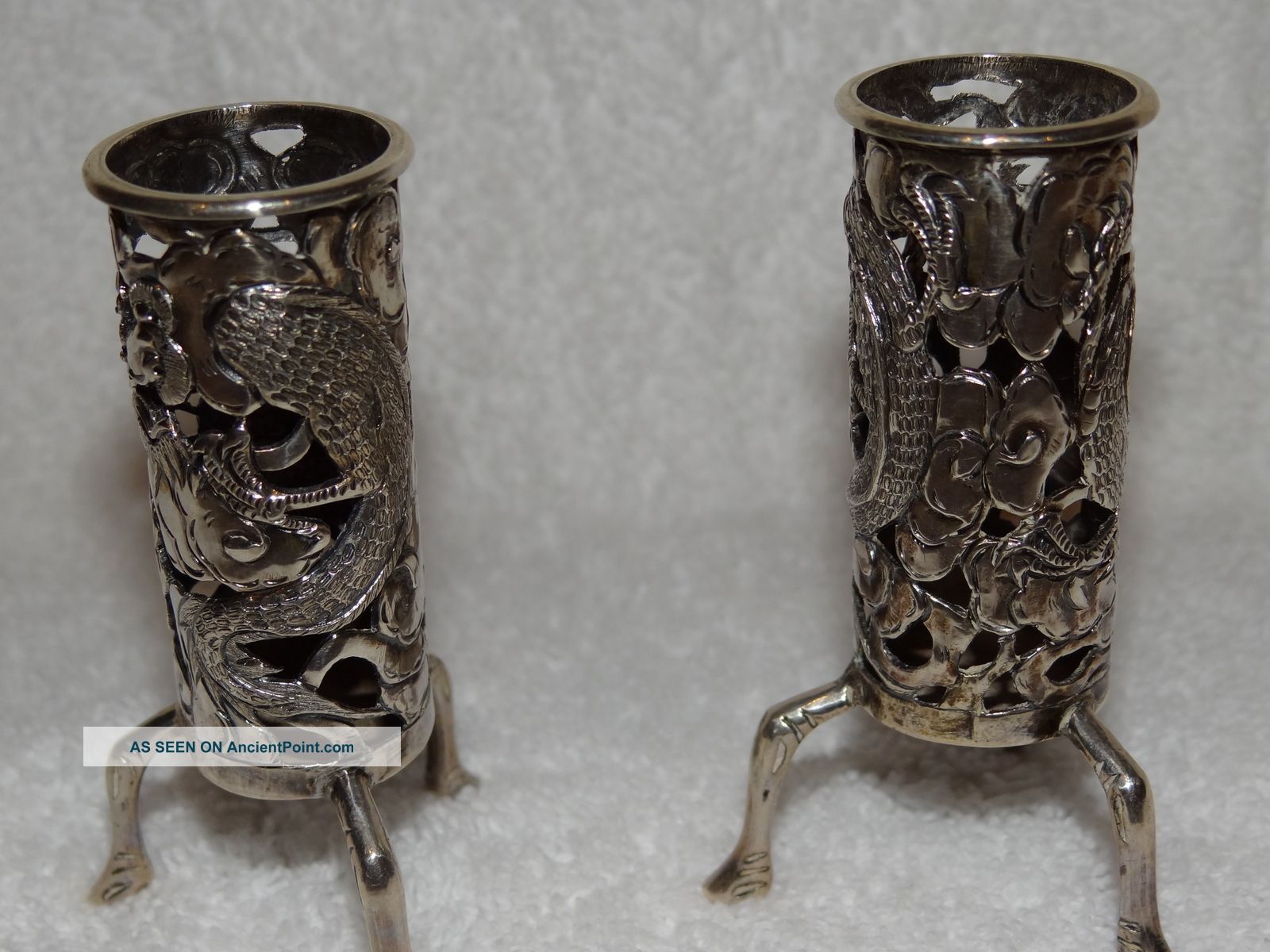 Antique Pair Chinese Export Silver Reticulated Vases 2.  75 