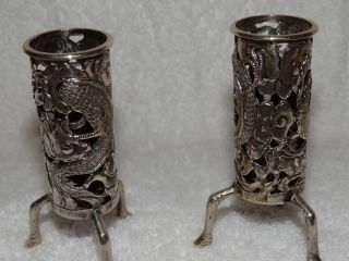 Antique Pair Chinese Export Silver Reticulated Vases 2.  75 