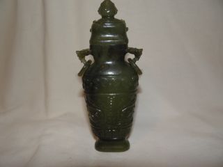 Antique Chinese Jade Covered Vase Loose Ring Handles 5.  5 