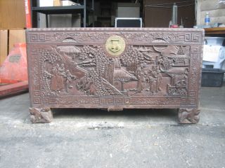 Large Hand Carved Wooden Chest photo