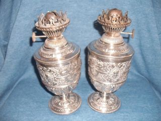 Victorian Silver Plate Pair Of Oil Lamps James Dixon & Son photo