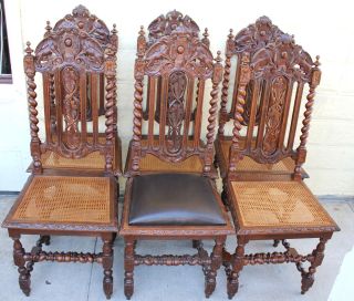 Exquisite Set Of 6 French Carved Antique Oak Louis Xiii Dining Chairs photo
