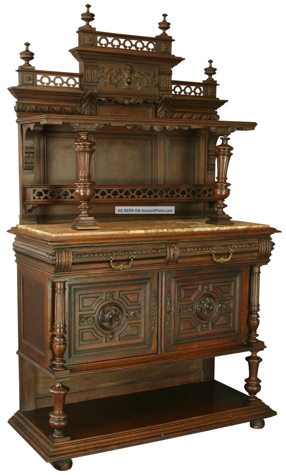 Antique French Renaissance Server/buffet,  Carved Walnut,  Marble Slab Top 1900-1950 photo