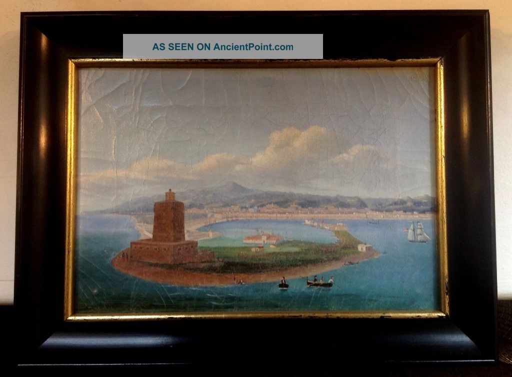 Fantastic Oil On Canvas Of Ajaccio Corsica American Ship Probably Sailor Done Folk Art photo