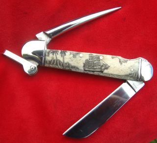 Authentic Scrimshaw,  Tall Ship,  Palm Trees,  Marlin Spike,  Mariner ' S Knife/knives photo