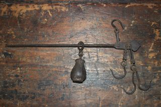 Primitive Hand Forged Cast Iron Farm Tool Steelyard 4 Hook Shop Scale W/ Weight photo