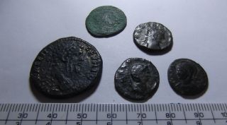 5 Ancient Roman Coins,  Green Patina On 3,  Detail.  Good Start. photo