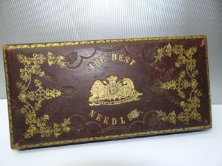 Antique Leather Gilded Best Needles Sewing Seamstress Accessory Box Container Nr photo