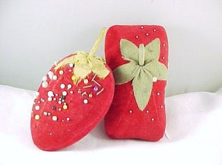 Vintage Pair Sewing Pin Cushions,  Oversized Velvet Strawberry And Square Tomato photo
