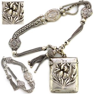Antique Sterling Silver Albertina Fob Chain & Art Nouveau Vesta Case Bracelet photo
