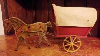 Antique Early 1900 ' S Gibbs Mechanical Walking Horse And Covered Wagon Pull Toy photo