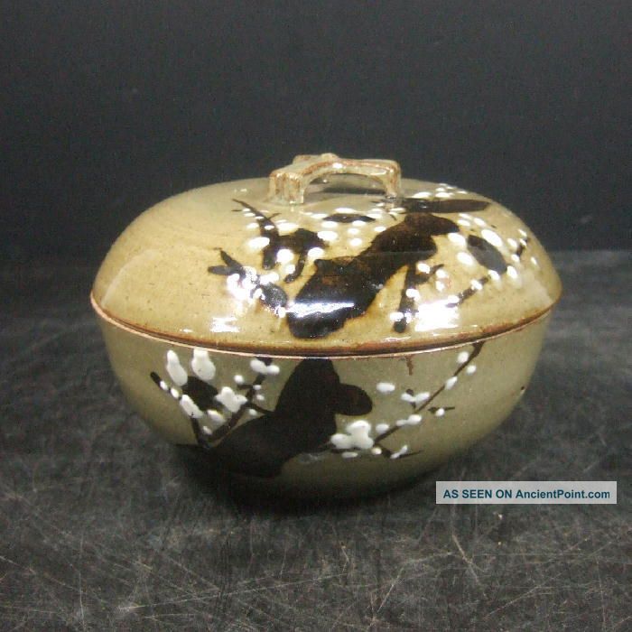 H861: Japanese Old Pottery Ware Covered Bowl With Plum Tree Design Kashiki. Bowls photo