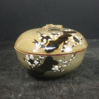 H861: Japanese Old Pottery Ware Covered Bowl With Plum Tree Design Kashiki. photo