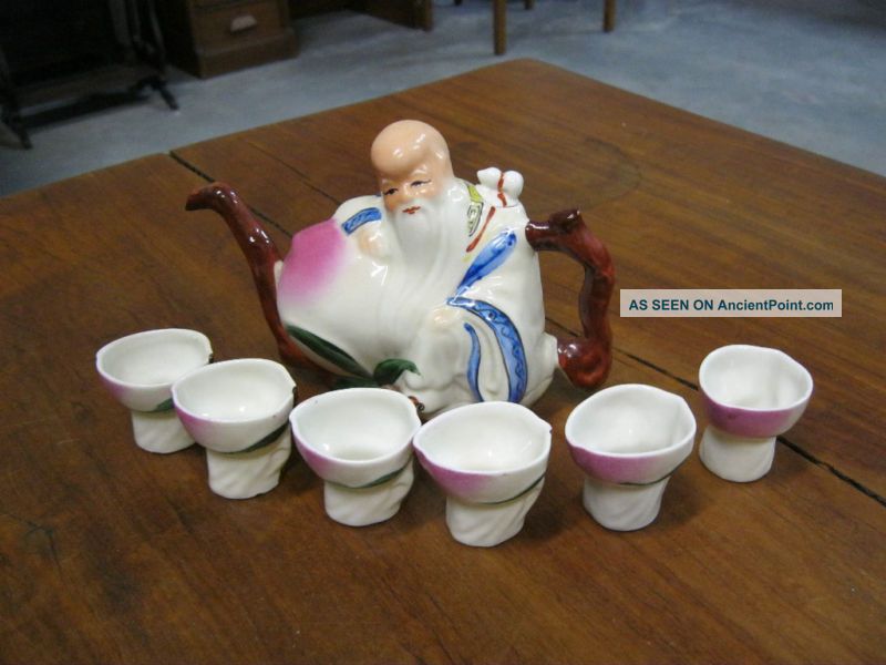 Chinese 7 Pc Sake Set Man On Peach Blossom Porcelain Nr Teapots photo