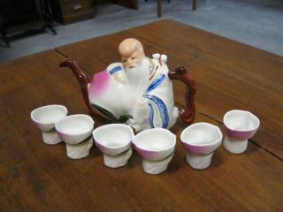 Chinese 7 Pc Sake Set Man On Peach Blossom Porcelain Nr photo