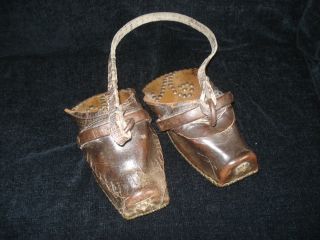 Pair Of Spanish Or French Cowherd 19th Century Wood Iron & Leather Stirrups photo