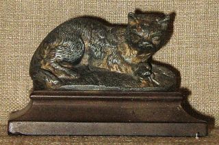 Antique Stunning French Spelter Bronze Cat & Mouse Figurine On Composition Base photo