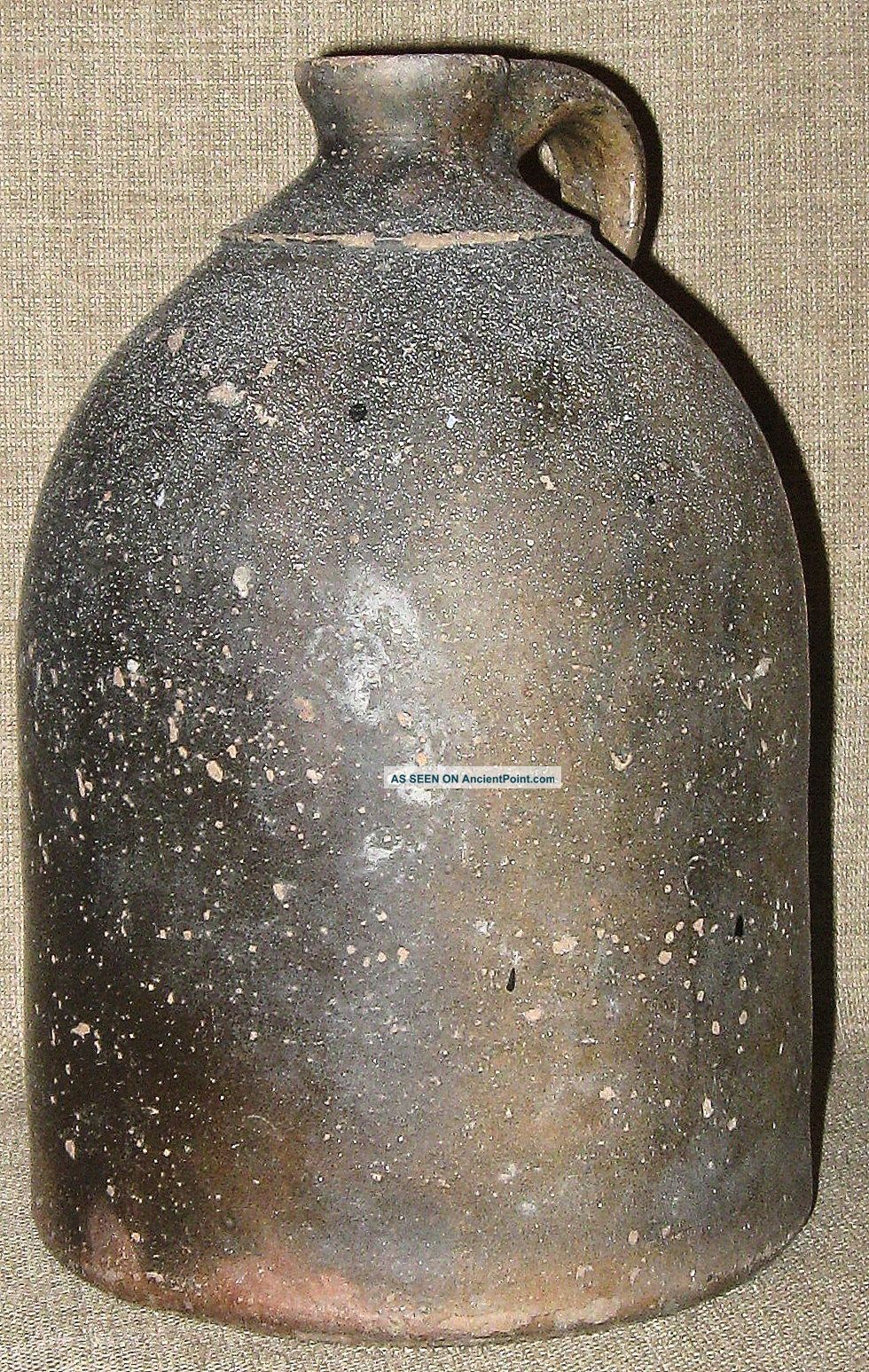 Rare Antique Large Salt - Glazed Redware Stoneware Jug W/applied Handle & Neck Crocks photo