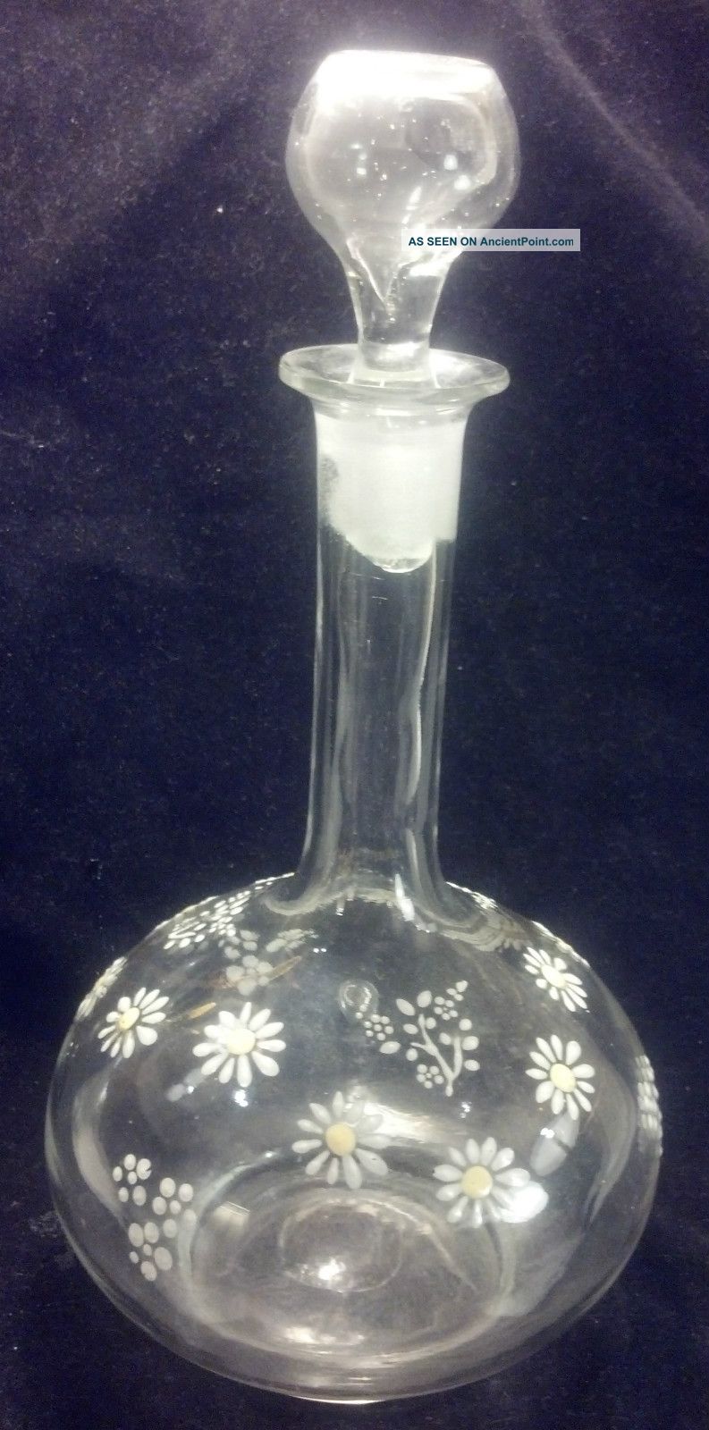 Gorgeous Vintage Glass Decanter Enameled Daisy Pattern Ground Glass Stopper Decanters photo