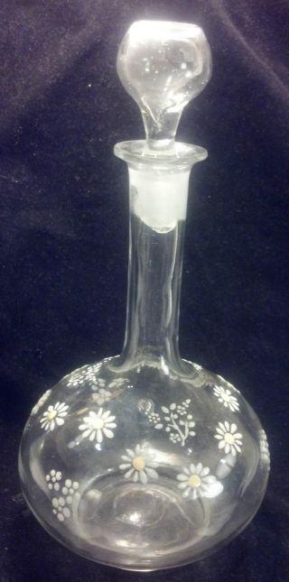 Gorgeous Vintage Glass Decanter Enameled Daisy Pattern Ground Glass Stopper photo