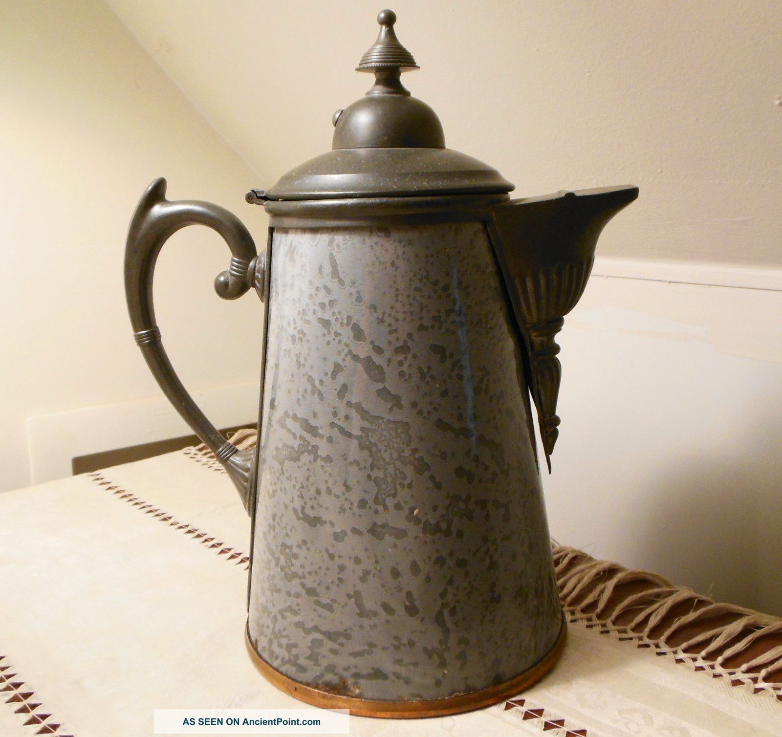 1890s Tall Dappled Grey Graniteware (enamel) & Pewter Coffee Pot (teapot) Other photo