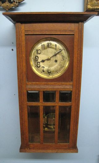 Early 1920 ' S Antique Arts And Crafts Beveled Paneled Glass 3 Chime Wall Clock photo