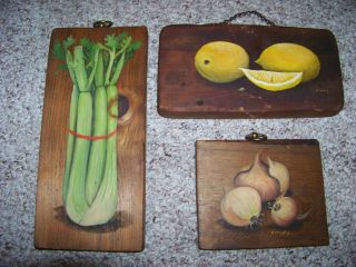 Awesome Country Cottage Hand Painted Fruit/vegetable Wood Plaques Signed Cindy photo