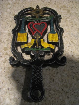 Hand Painted Design Including Star,  Brooms,  Hearts&birds On This Trivet. photo