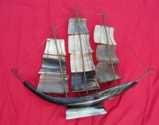 Carved Ox Tusk Sail Boat Schooner Ship Beiges & Browns10 Piece Ox Bone Sails photo