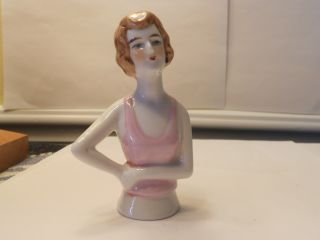 Antique German Pincushion Half Doll Flapper Girl With Pink Top Short Brown Hair photo