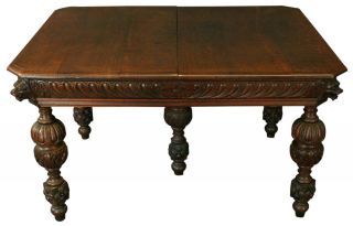 Antique Ornate Flemish Mechelen Oak Dining Table With Carved Lions & Turned Legs photo