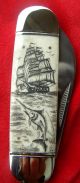 Scrimshaw Art,  Tall Ship,  Marlin,  Sunfish 2 Blade,  Folding Knife/knives Scrimshaws photo 1