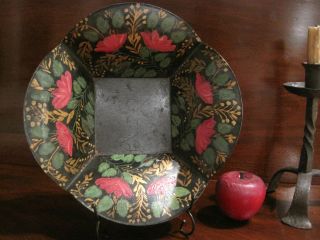 Antique 1800s Folk Art Handpainted Tin Toleware Bread Apple Basket Tole Tray photo