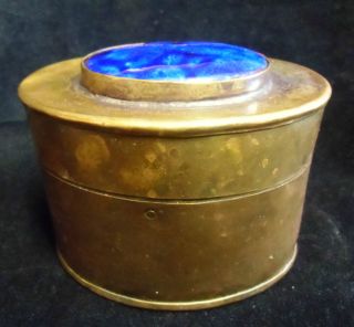Arts And Crafts Box Brass Table Snuff Box With Ceramic Roundel photo