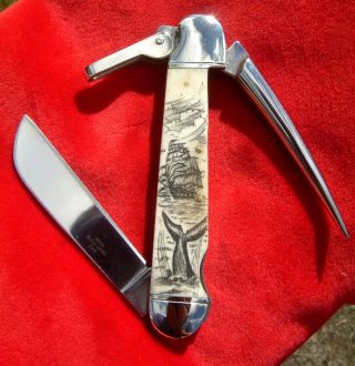 Scrimshaw Art,  Tall Ship,  Whale,  Harpoon,  Marlin Spike,  Folding Knife/knives photo