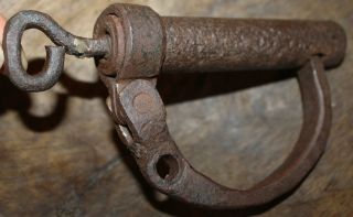 19th Century Forged Leg Iron Shackles Screw Type Barrel Lock; Padlock,  Working photo