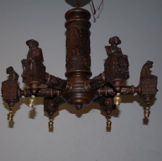 A French Antique Carved Wood Art Breton Figural 6 - Light Chandelier photo