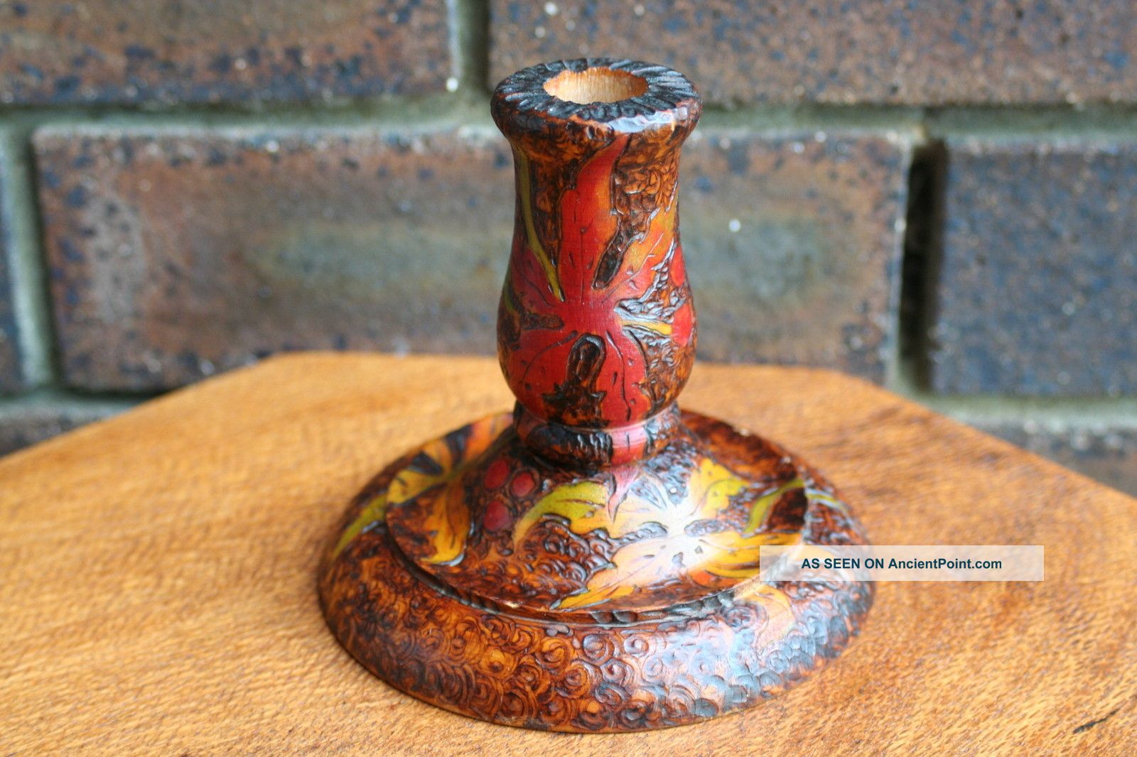 Pokerwork Candlestick 1930s Signed Mm Australian Poinsettia Woodenware photo
