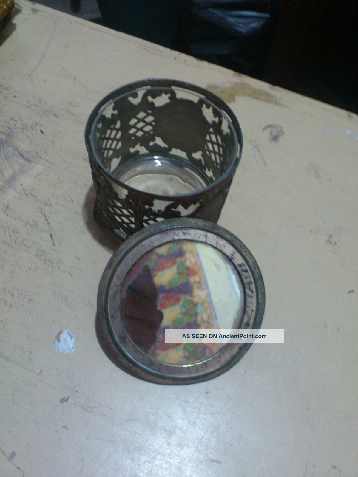 Exquisite Antique Dutch Face Powder Pot Electroplated Carved Bronze Metalware photo