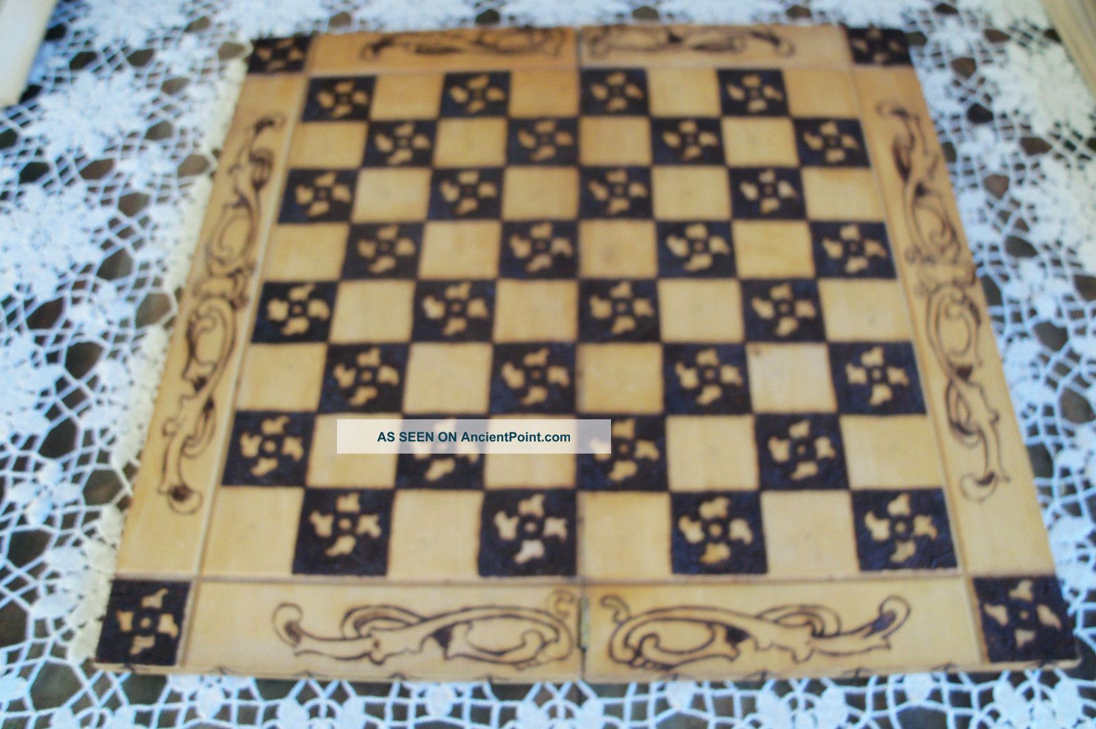 Rare Wooden Flemish Art Checker Board Pyrography Primitives photo