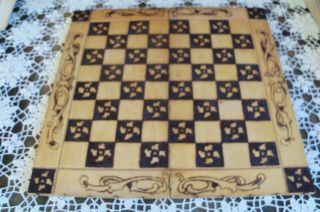 Rare Wooden Flemish Art Checker Board Pyrography photo